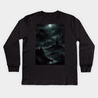 Spooky Village Overlooking a Misty River Kids Long Sleeve T-Shirt